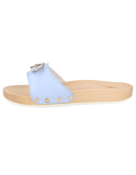 SANDALIA CÓMODA PLANA MADERA, WOODEN CELESTE